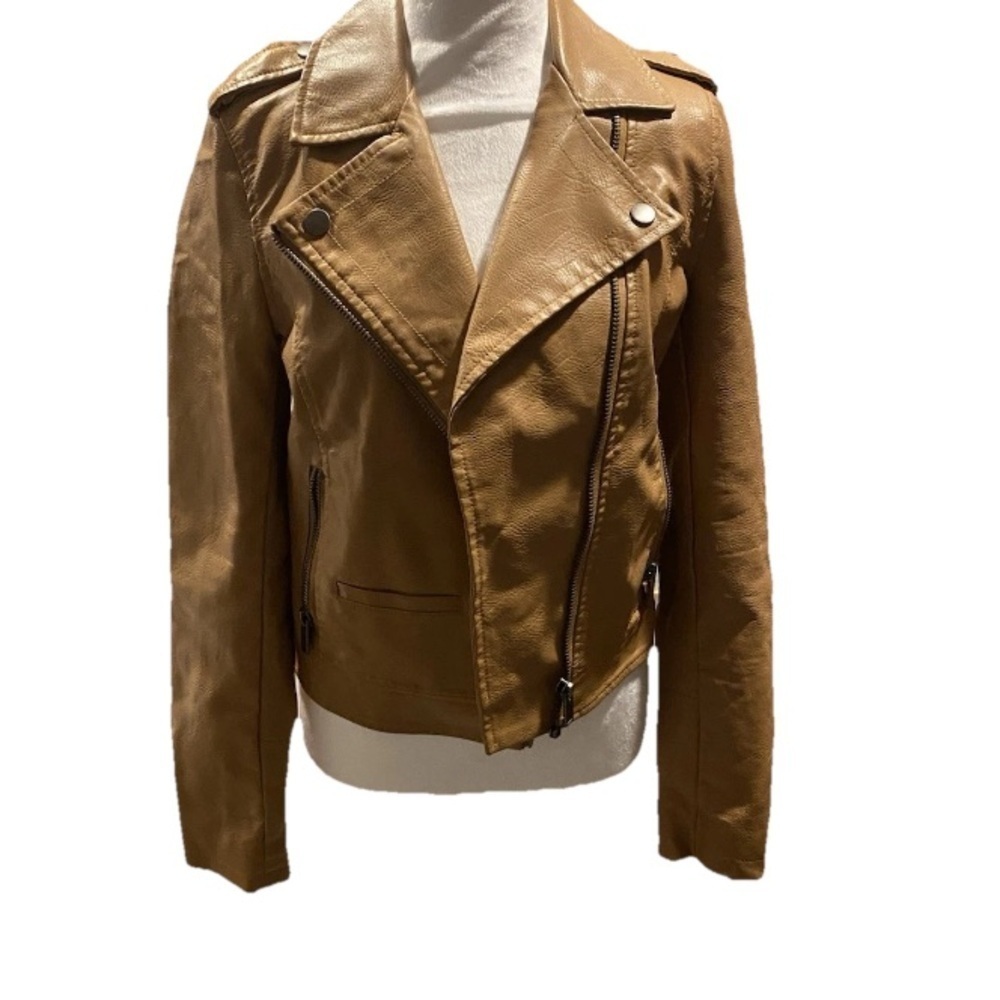 Aeropostale Women Tan Brown Faux Leather Jacket S Winter Motorcycle Motorbike